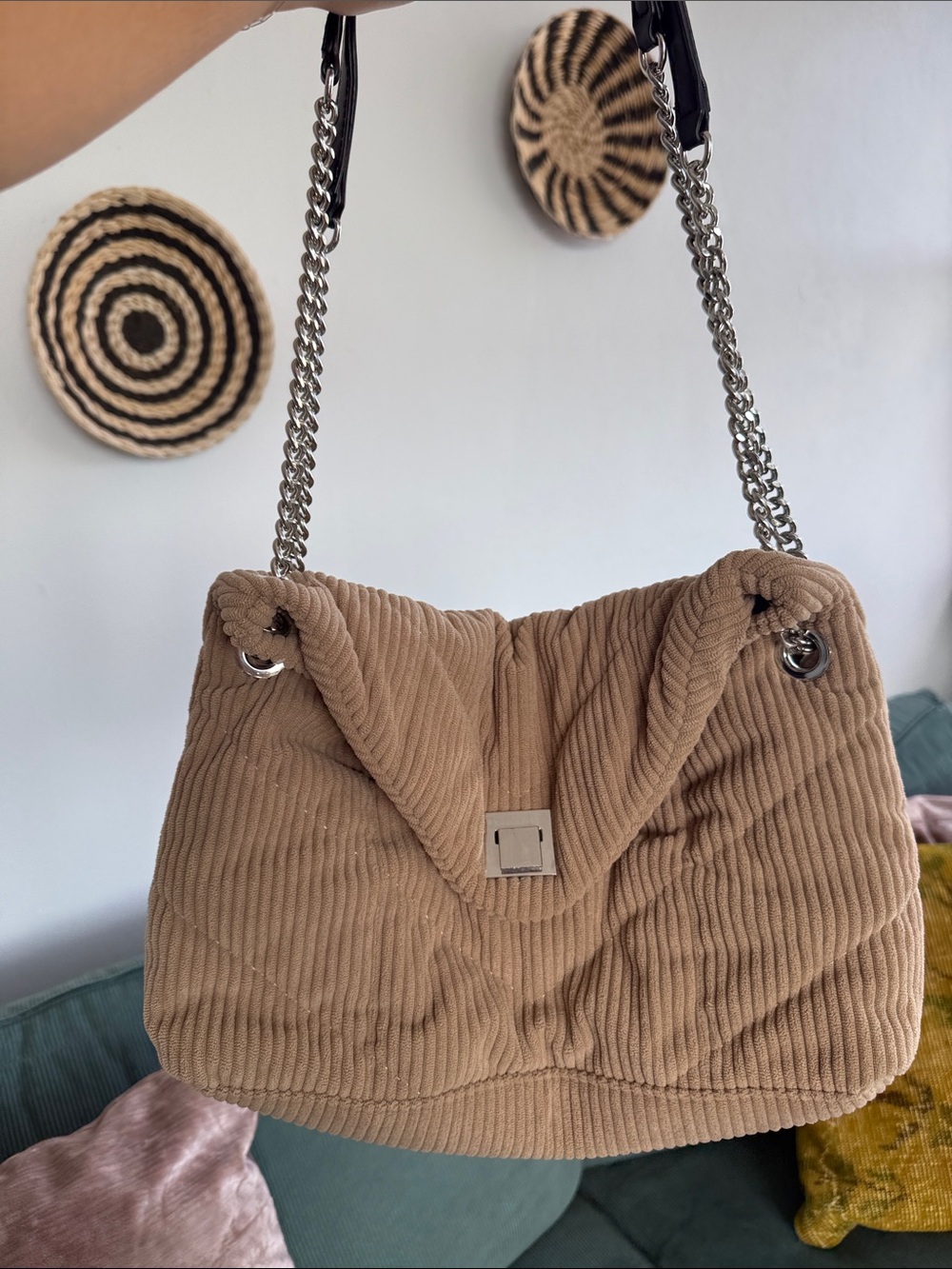 Corduroy Quilted Shoulder Bag in Tan